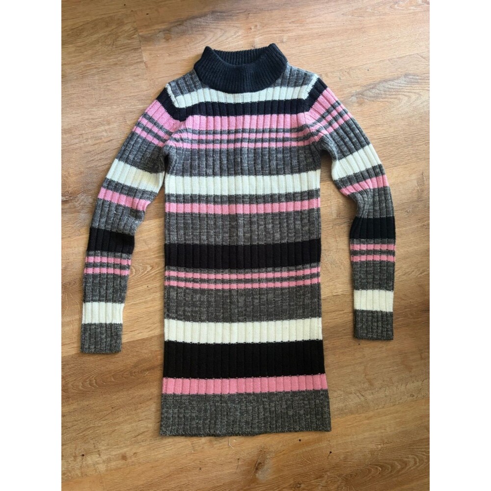 Emo Striped Ribbed Turtleneck Kids Sweater Dress - Pink, Gray & Cream
